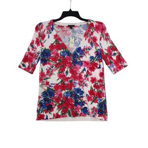 Talbots Floral Button-Front Cardigan Lightweight Knit Vibrant Red & Blue Flowers